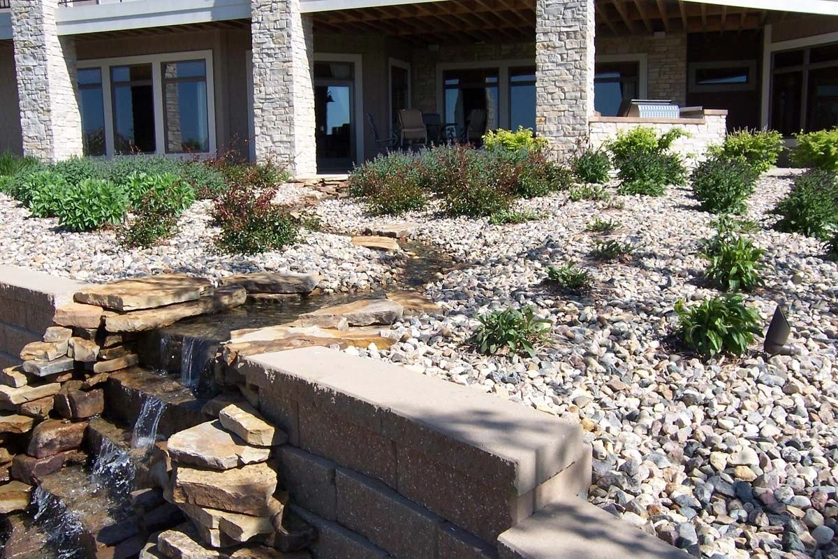 Aerial view of multi-tiered residential landscape with retaining walls